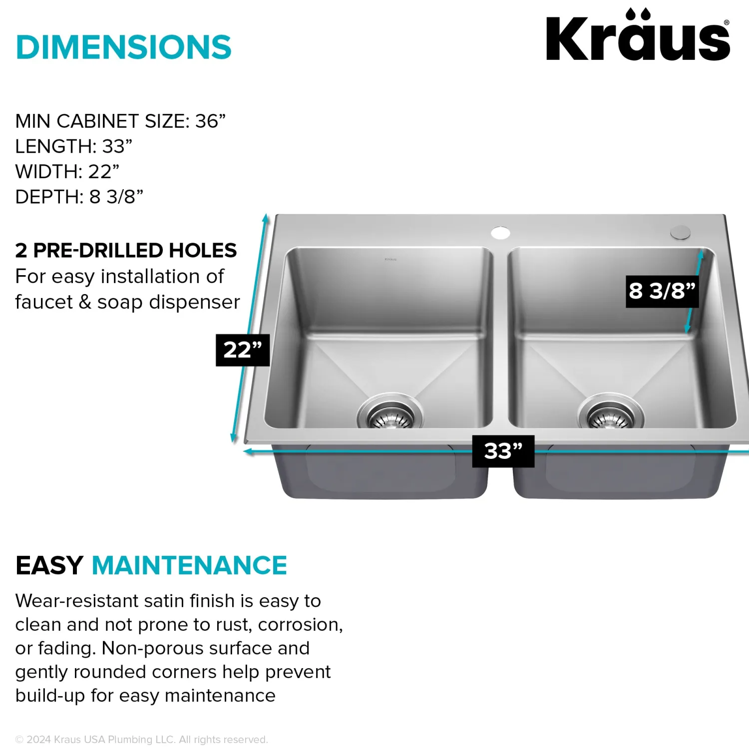 33” Topmount Double Bowl Stainless Steel Kitchen Sink Drop-In / Top Mount Sinks|Double Bowl Sinks