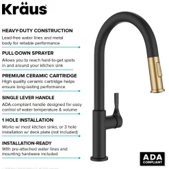 Hot Torak Single Handle Pull Down Kitchen Faucet in Matte Black with Brushed Brass Single Hole