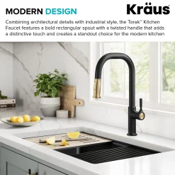 Clearance Torak Single Handle Pull Down Kitchen Faucet in Matte Black with Brushed Brass Single Hole