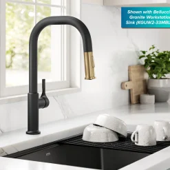 Clearance Torak Single Handle Pull Down Kitchen Faucet in Matte Black with Brushed Brass Single Hole