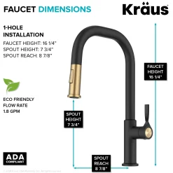 Clearance Torak Single Handle Pull Down Kitchen Faucet in Matte Black with Brushed Brass Single Hole