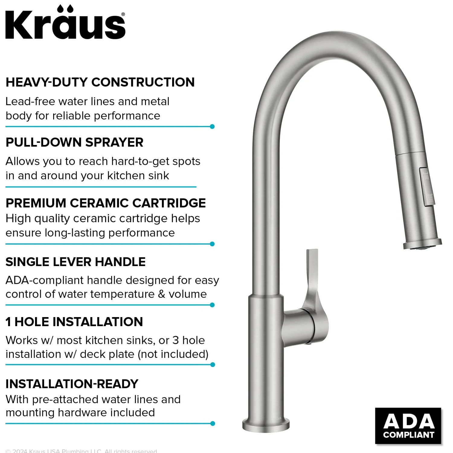 Online Torak Single Handle Pull Down Kitchen Faucet in Spot-Free Stainless Single Hole