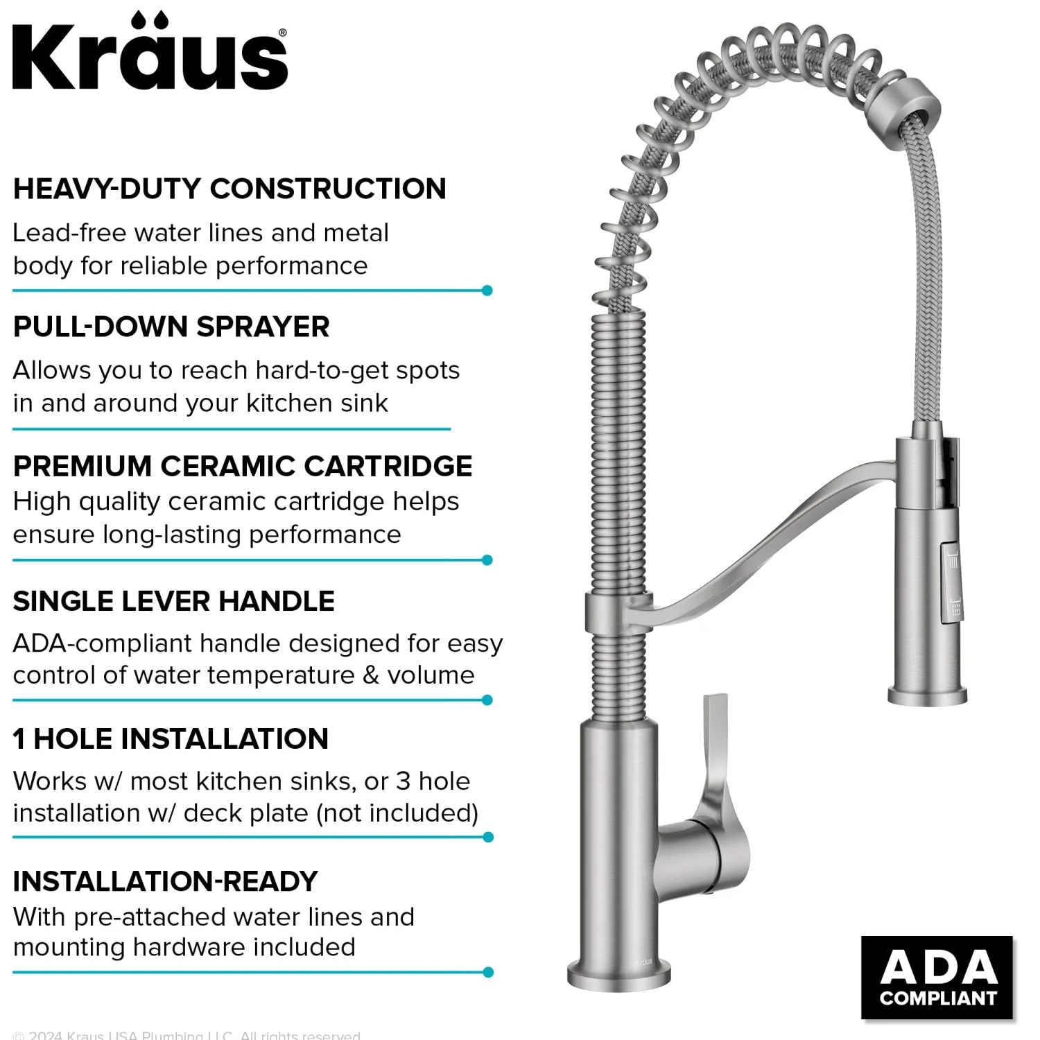 New Torak Single Handle Pull Down Kitchen Faucet in Spot-Free Stainless Single Hole