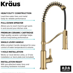 Discount Torak Single Handle Pull Down Kitchen Faucet in Brushed Brass Single Hole