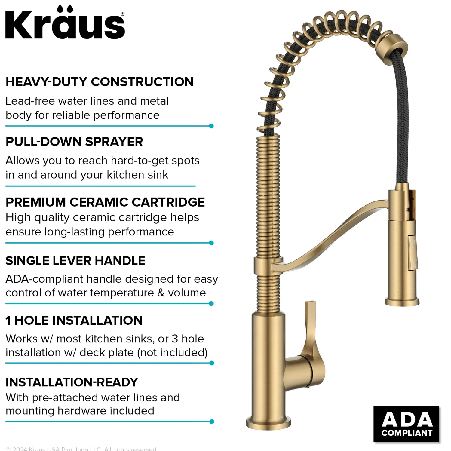 Discount Torak Single Handle Pull Down Kitchen Faucet in Brushed Brass Single Hole