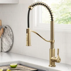 Discount Torak Single Handle Pull Down Kitchen Faucet in Brushed Brass Single Hole