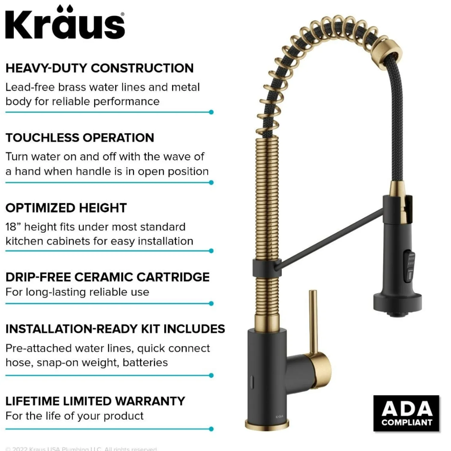 Clearance Touchless Pull-Down Single Handle 18-Inch Kitchen Faucet in Brushed Brass & Matte Black Touchless, Sensor And Tap Activated Kitchen Faucets|Single Hole