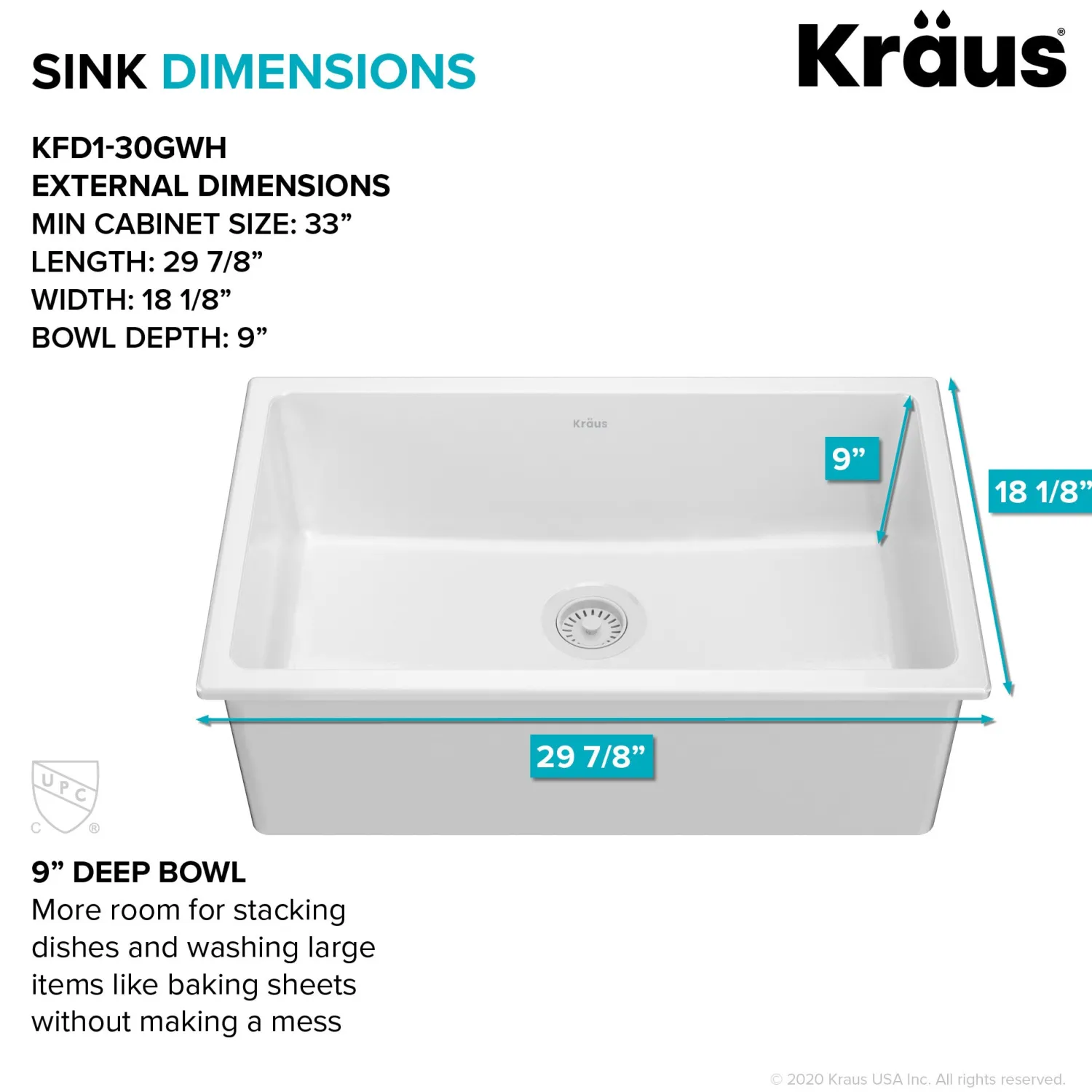 Clearance Turino 30" Drop-In or Undermount Fireclay Kitchen Sink with Thick Mounting Deck in Gloss White Drop-In / Top Mount Sinks|Single Bowl Sinks
