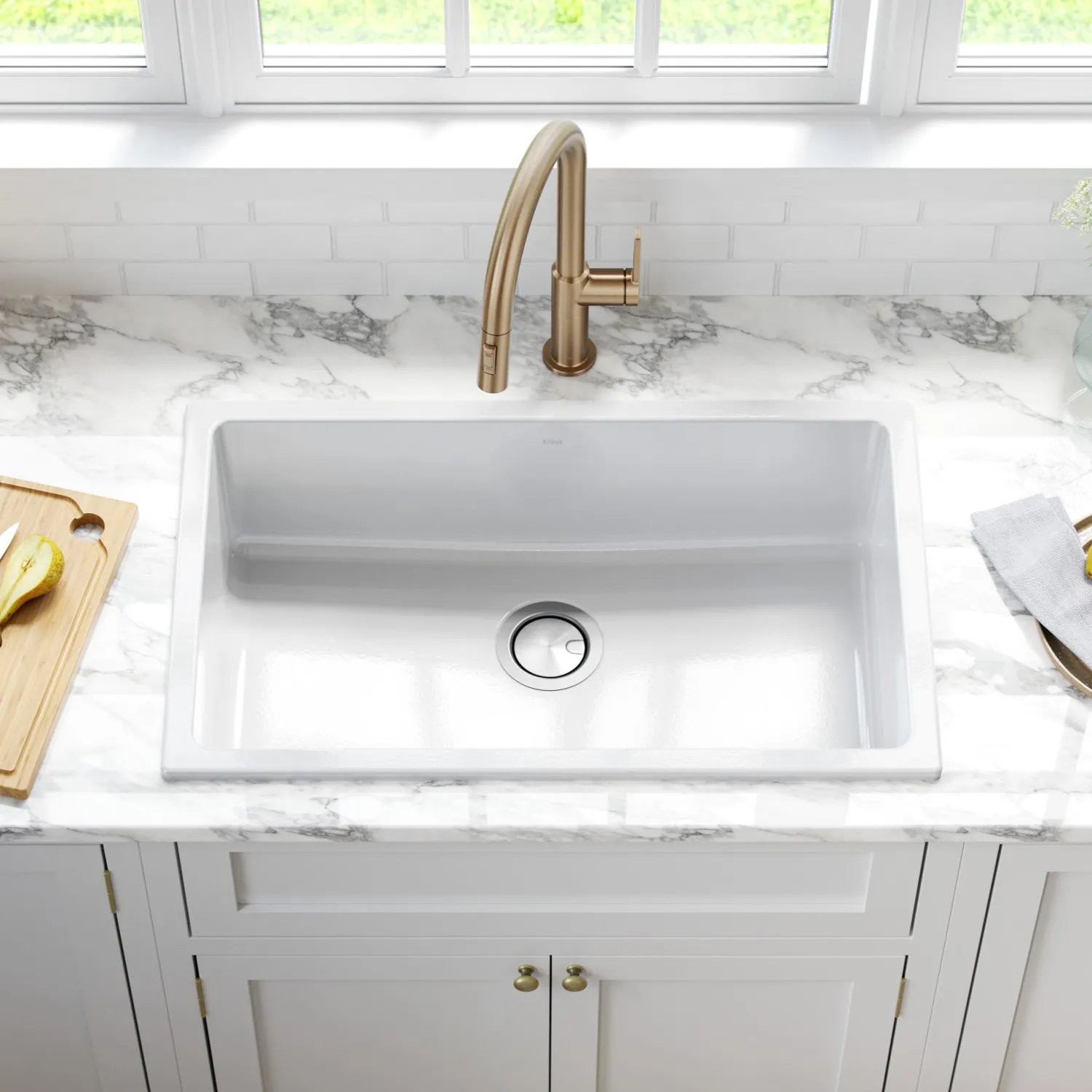 Clearance Turino 30" Drop-In or Undermount Fireclay Kitchen Sink with Thick Mounting Deck in Gloss White Drop-In / Top Mount Sinks|Single Bowl Sinks
