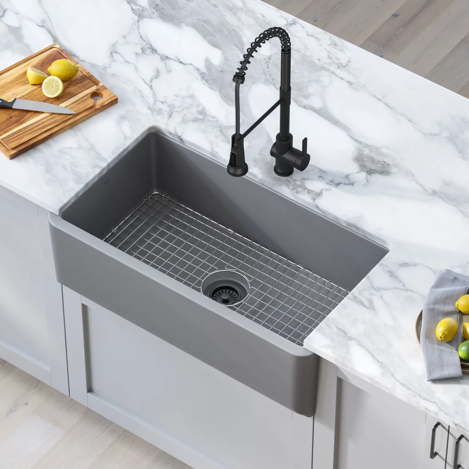 Online Turino 33" Reversible Apron Front Fireclay Kitchen Sink in Matte Grey Single Bowl Sinks|Apron Front / Farmhouse Sinks