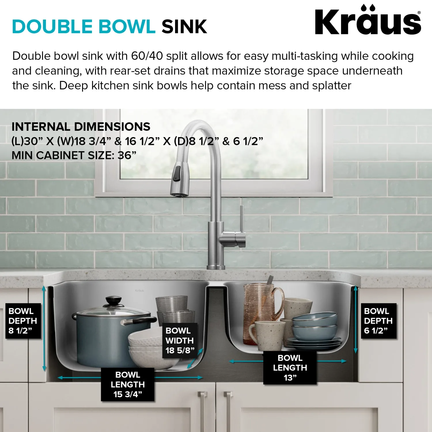 Hot 32" Undermount 60/40 Double Bowl Stainless Steel Kitchen Sink Stainless Steel Sinks|Double Bowl Sinks