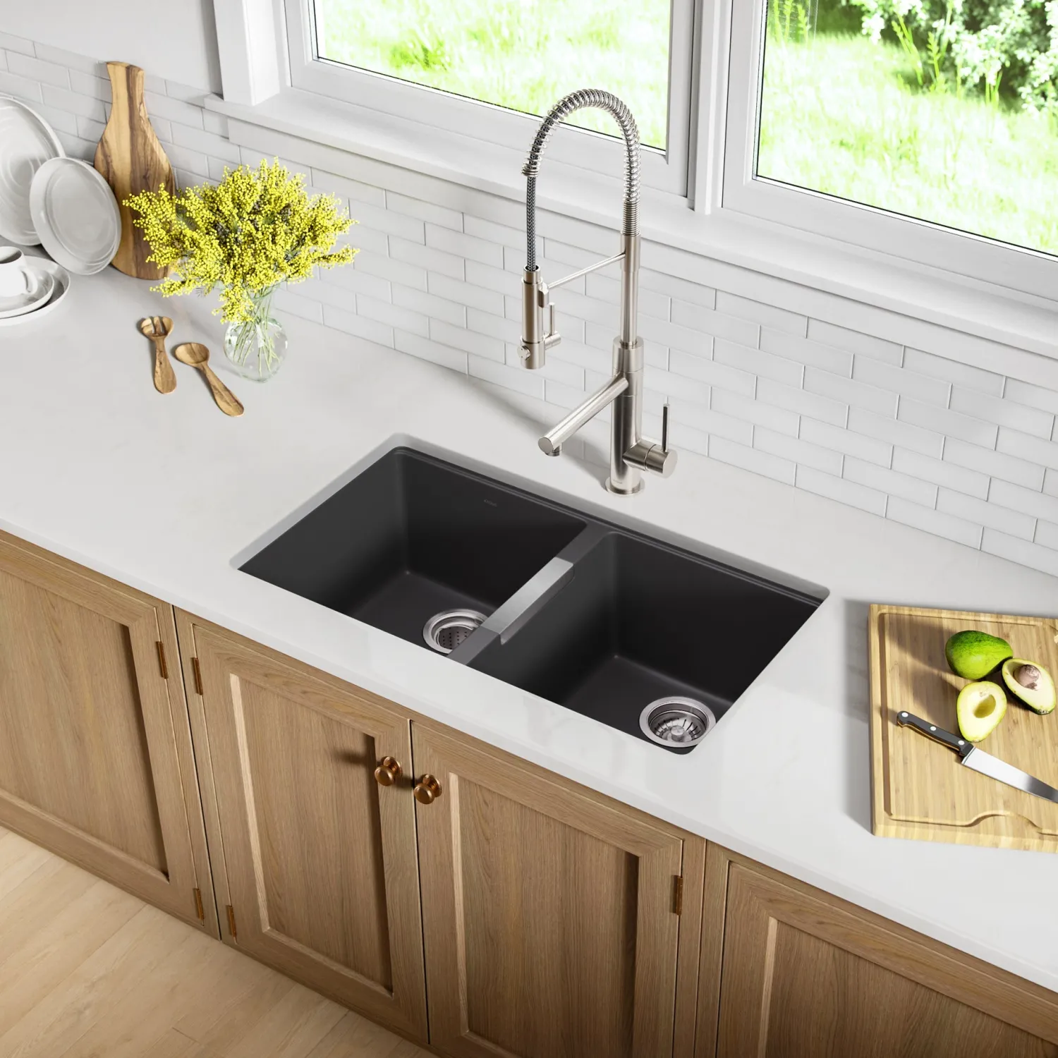 33" Undermount 50/50 Double Bowl Black Onyx Granite Kitchen Sink Double Bowl Sinks|Undermount Sinks