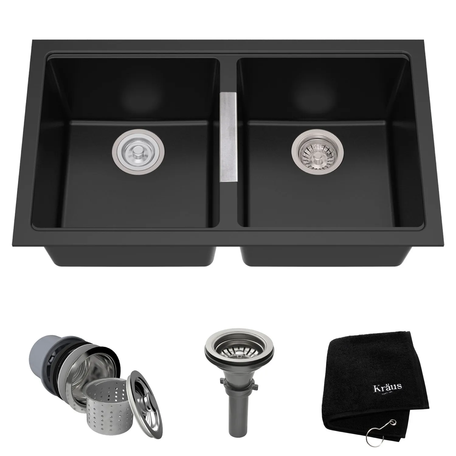 33" Undermount 50/50 Double Bowl Black Onyx Granite Kitchen Sink Double Bowl Sinks|Undermount Sinks