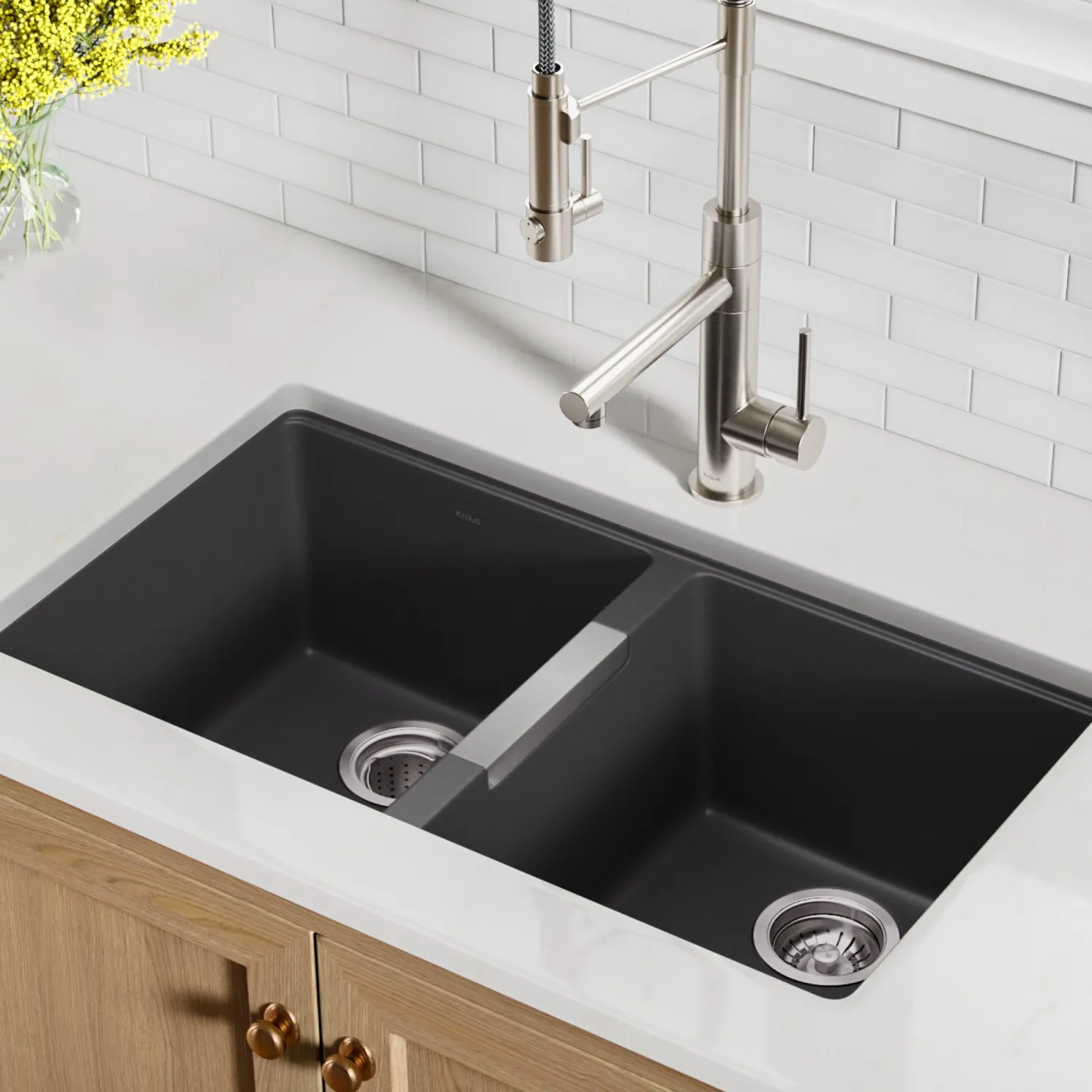 33" Undermount 50/50 Double Bowl Black Onyx Granite Kitchen Sink Double Bowl Sinks|Undermount Sinks
