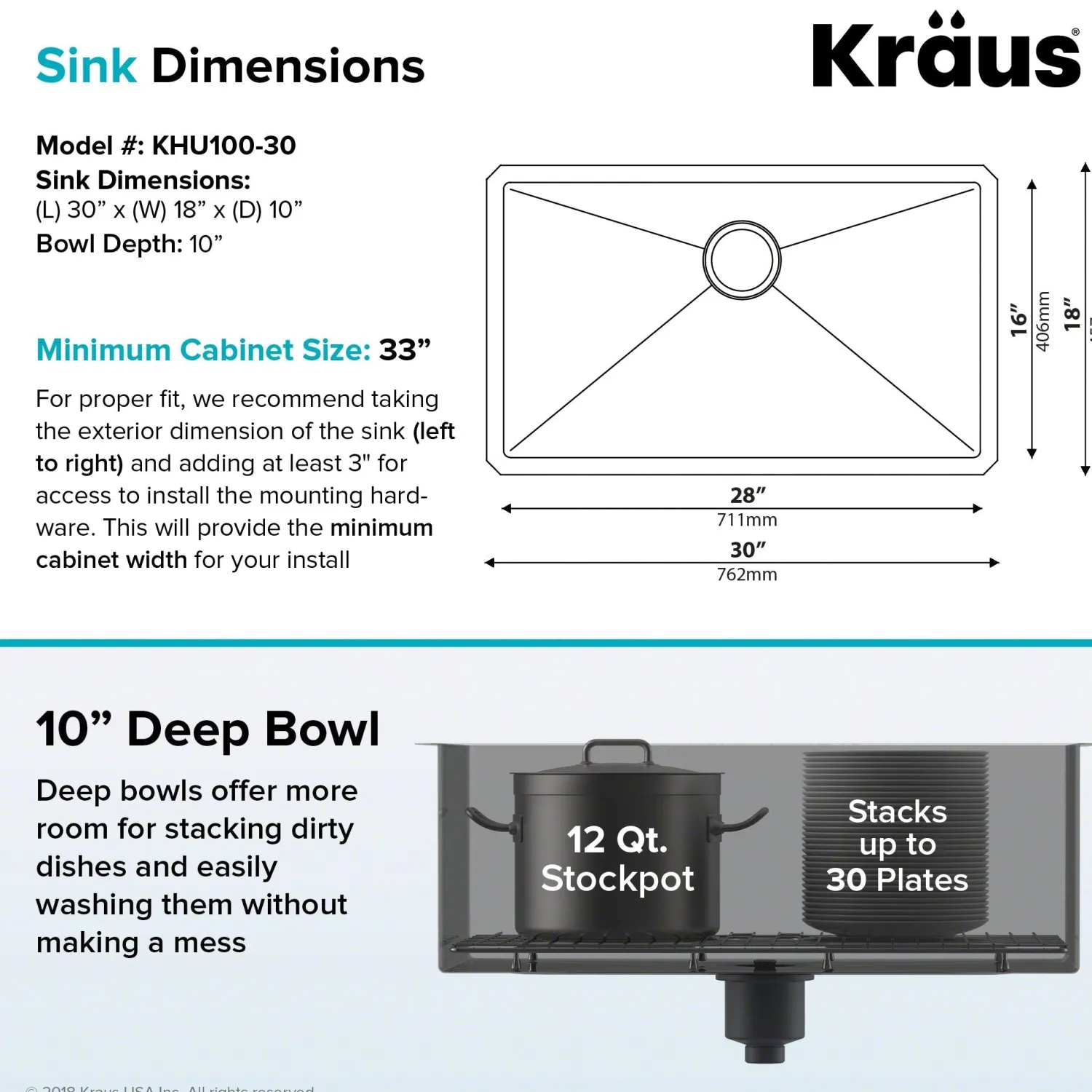 Outlet 30" Undermount 16 Gauge Single Bowl Stainless Steel Small Radius Kitchen Sink Stainless Steel Sinks|Single Bowl Sinks