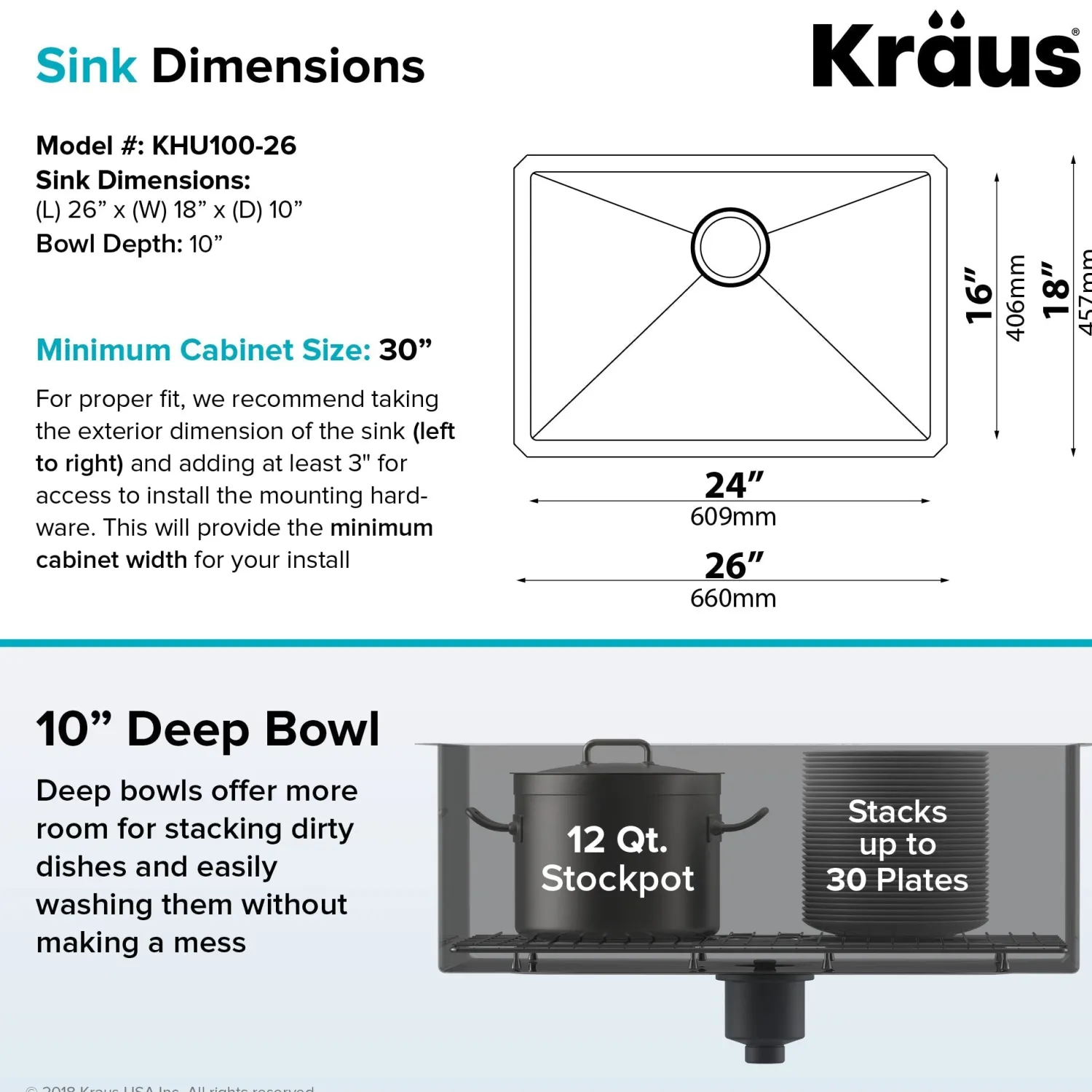 Outlet 26" Undermount 16 Gauge Single Bowl Stainless Steel Small Radius Kitchen Sink Stainless Steel Sinks|Single Bowl Sinks