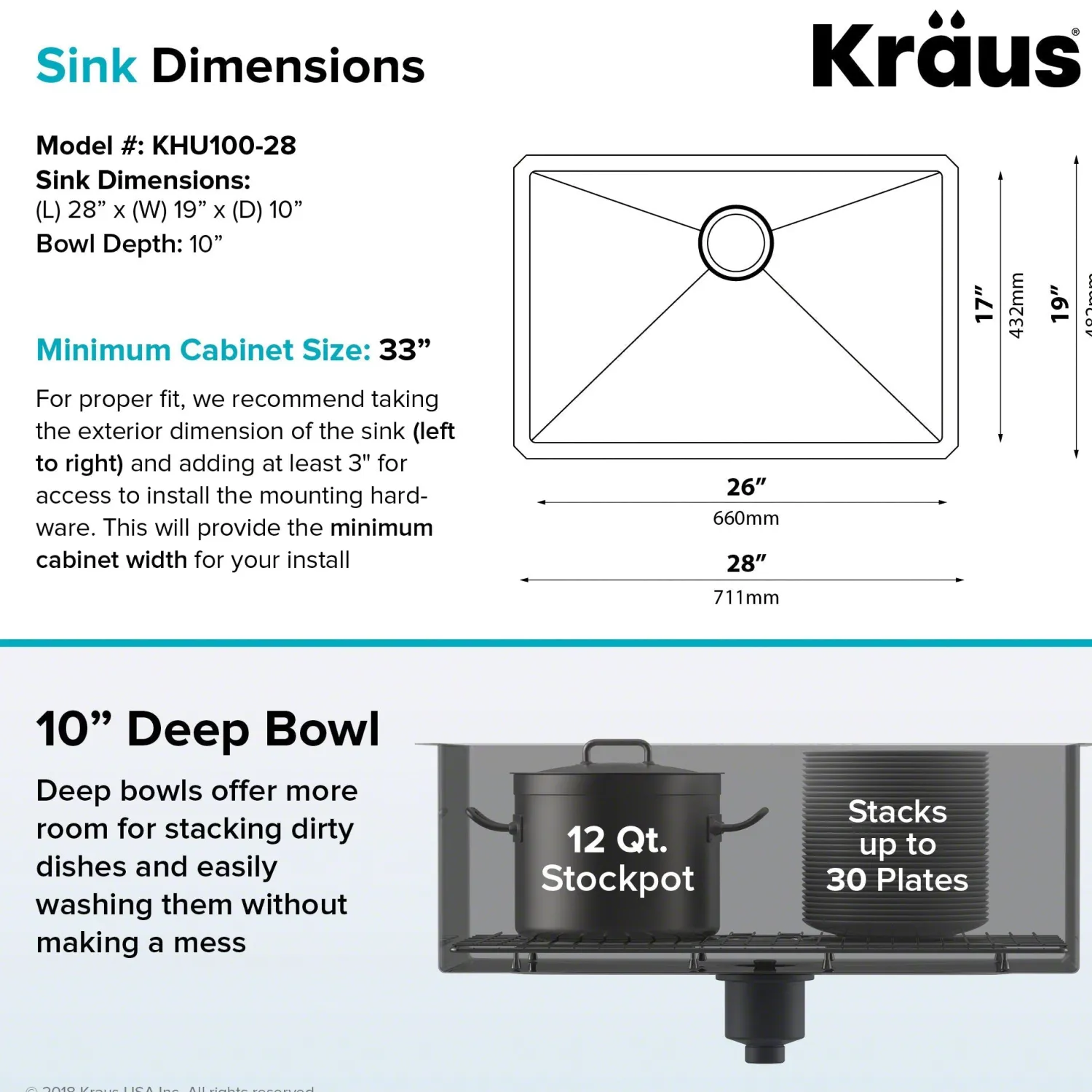 Online 28" Undermount 16 Gauge Single Bowl Stainless Steel Small Radius Kitchen Sink Stainless Steel Sinks|Single Bowl Sinks