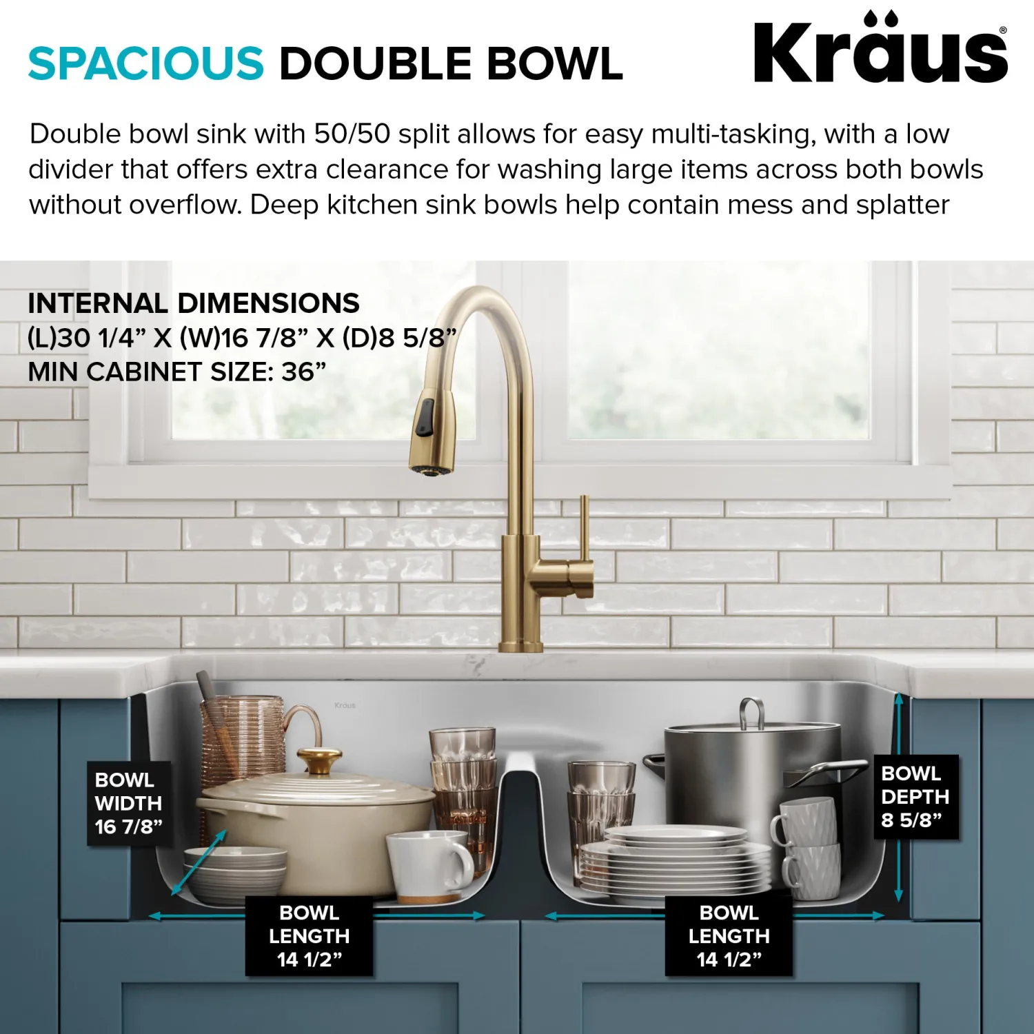 Online 32" Undermount 50/50 Kitchen Sink Stainless Steel Sinks|Double Bowl Sinks