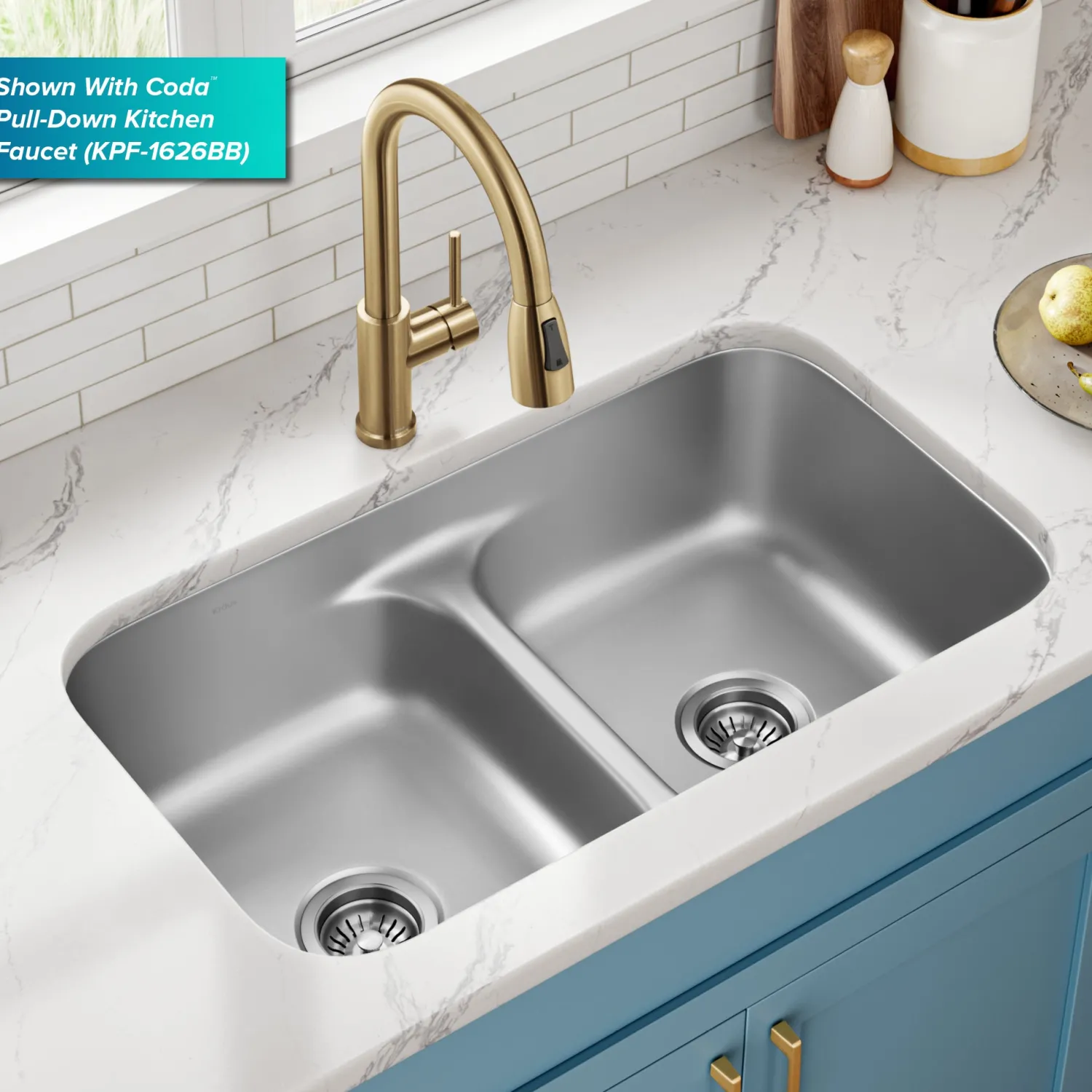 Online 32" Undermount 50/50 Kitchen Sink Stainless Steel Sinks|Double Bowl Sinks