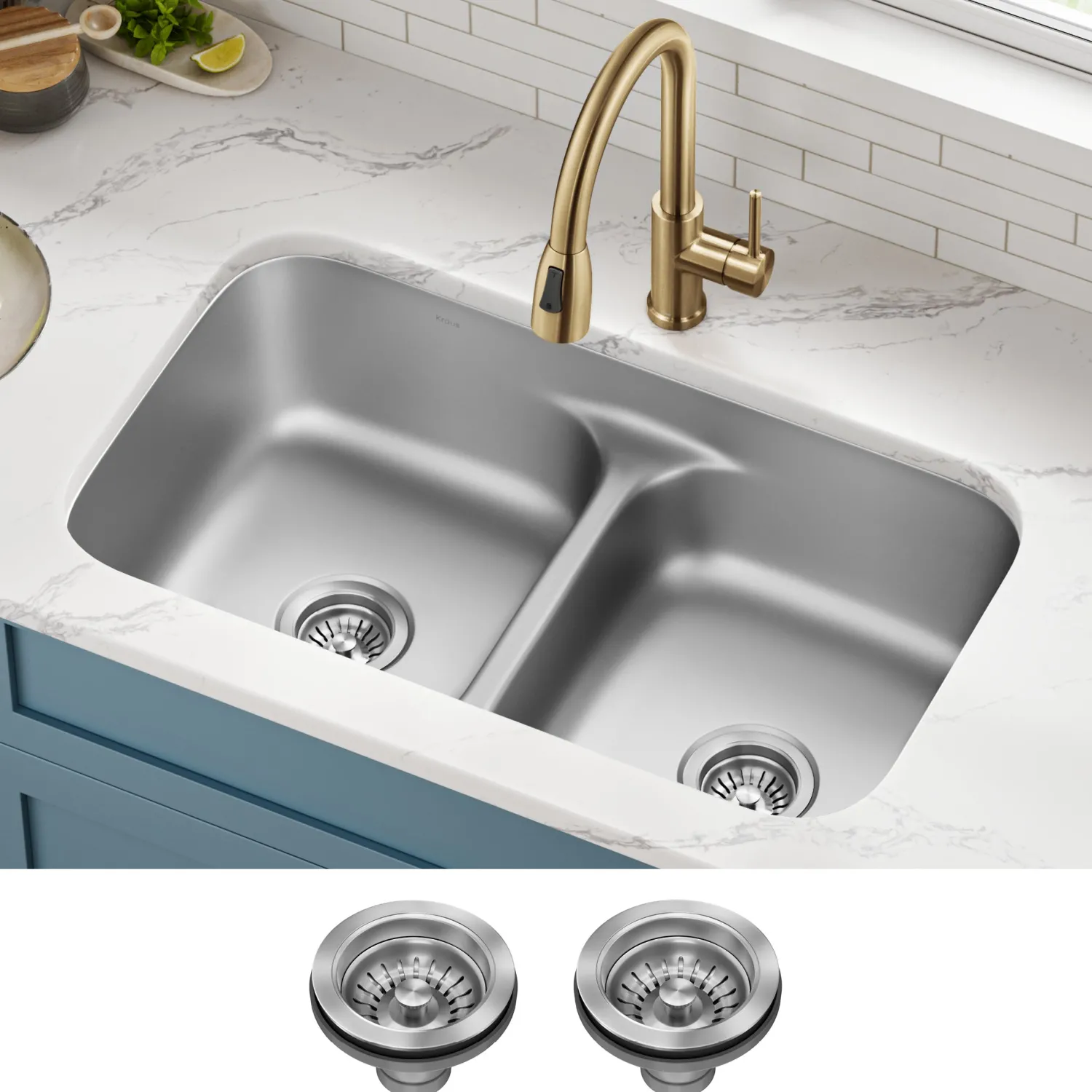Online 32" Undermount 50/50 Kitchen Sink Stainless Steel Sinks|Double Bowl Sinks