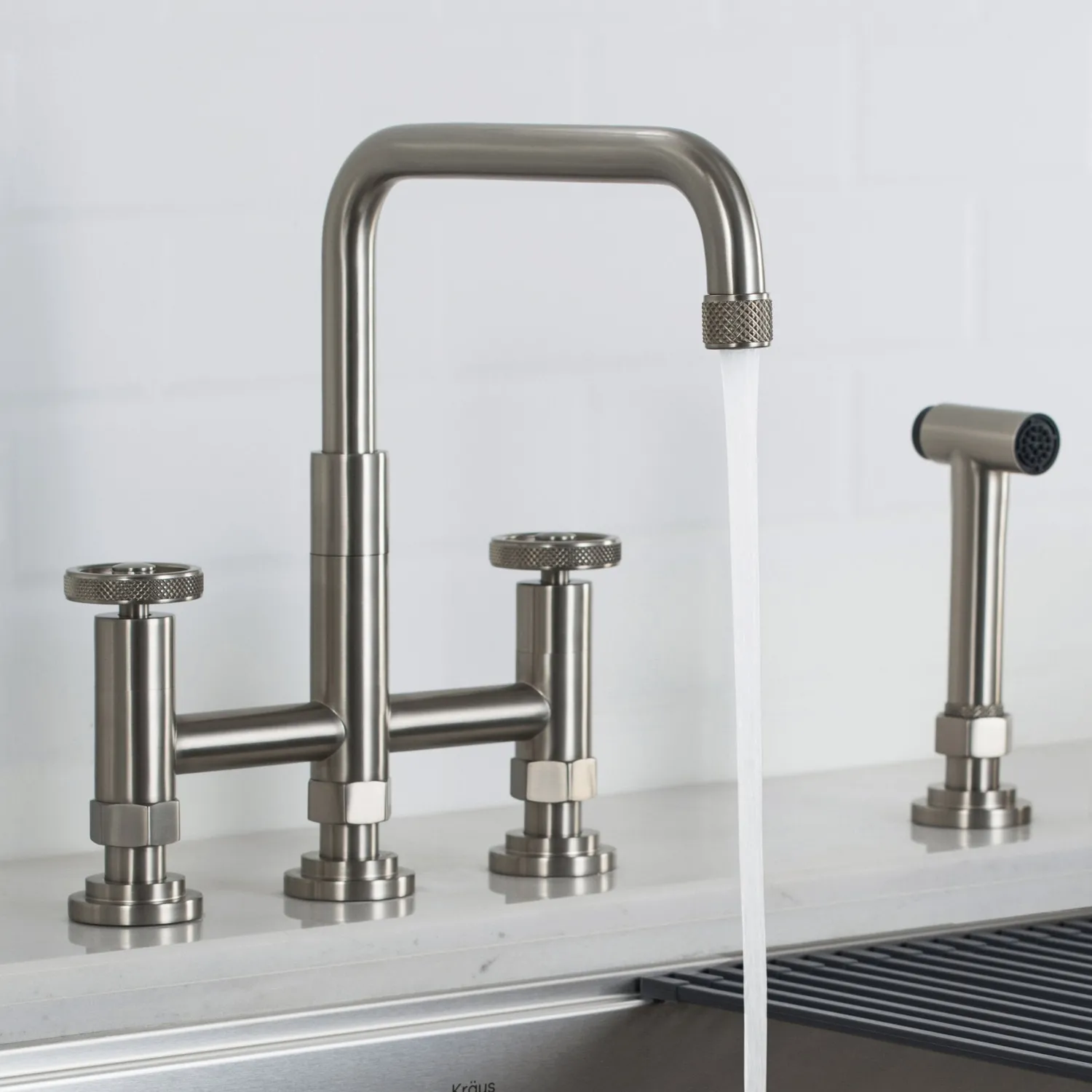 Clearance Urbix Bridge Kitchen Faucet with Side Sprayer in Spot Free Stainless Steel Bridge Faucets