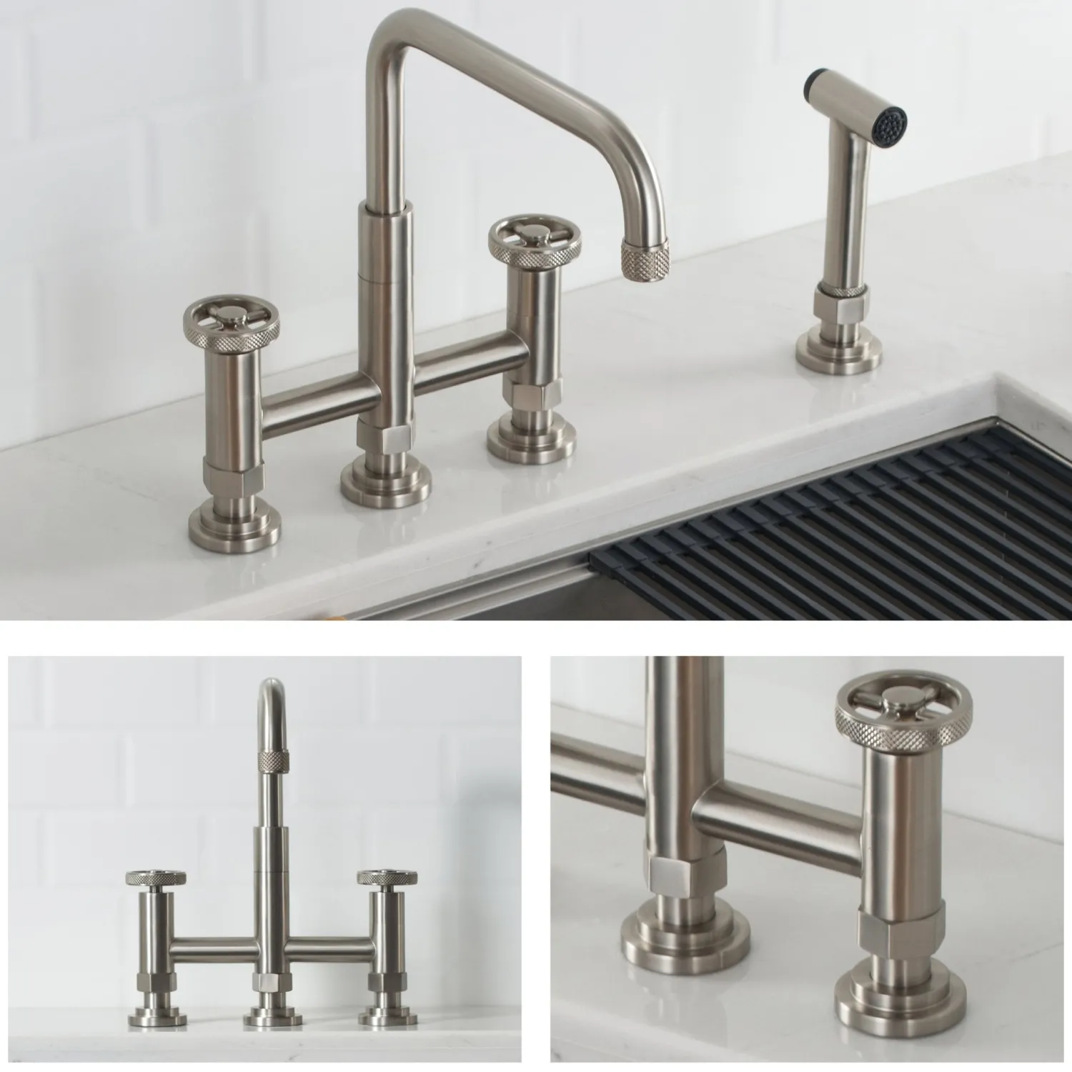 Clearance Urbix Bridge Kitchen Faucet with Side Sprayer in Spot Free Stainless Steel Bridge Faucets