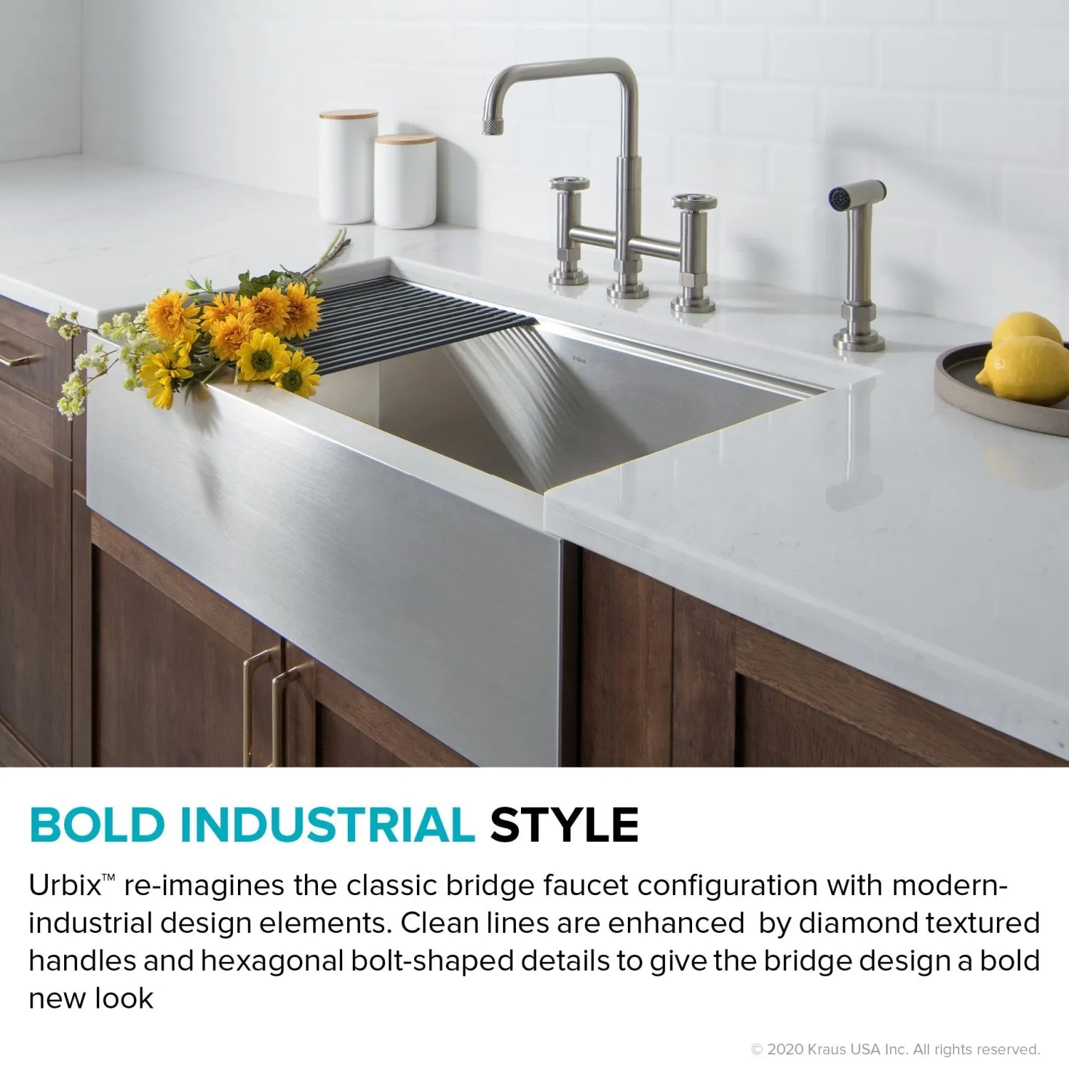 Clearance Urbix Bridge Kitchen Faucet with Side Sprayer in Spot Free Stainless Steel Bridge Faucets
