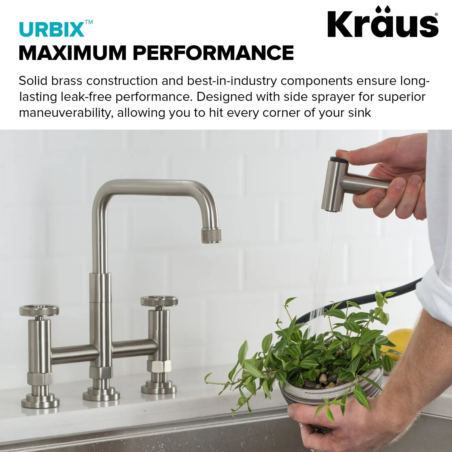 Clearance Urbix Bridge Kitchen Faucet with Side Sprayer in Spot Free Stainless Steel Bridge Faucets
