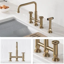 Best Urbix Bridge Kitchen Faucet with Side Sprayer in Brushed Gold Bridge Faucets