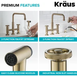 Best Urbix Bridge Kitchen Faucet with Side Sprayer in Brushed Gold Bridge Faucets