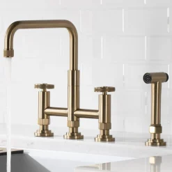 Best Urbix Bridge Kitchen Faucet with Side Sprayer in Brushed Gold Bridge Faucets
