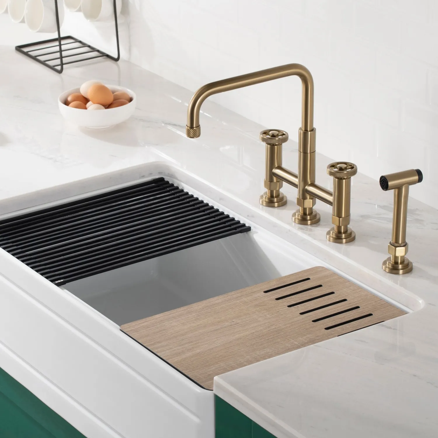 Best Urbix Bridge Kitchen Faucet with Side Sprayer in Brushed Gold Bridge Faucets