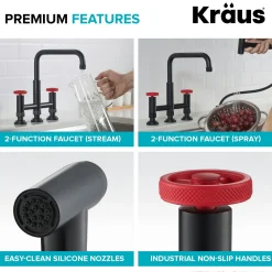 Discount Urbix Bridge Kitchen Faucet with Side Sprayer in Matte Black/Red Bridge Faucets