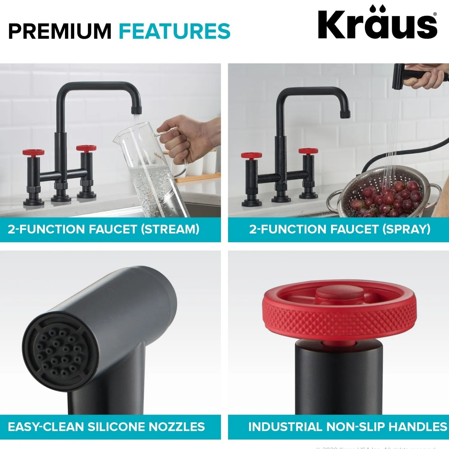 Discount Urbix Bridge Kitchen Faucet with Side Sprayer in Matte Black/Red Bridge Faucets