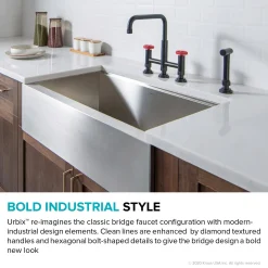 Discount Urbix Bridge Kitchen Faucet with Side Sprayer in Matte Black/Red Bridge Faucets