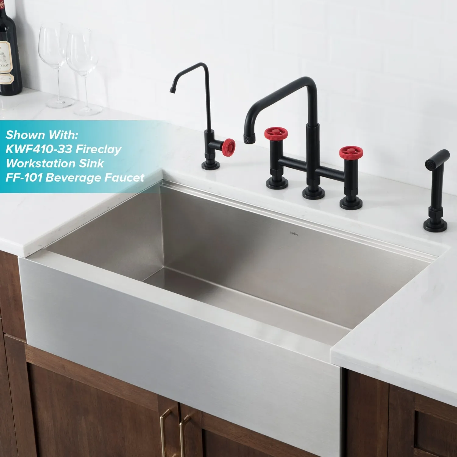 Discount Urbix Bridge Kitchen Faucet with Side Sprayer in Matte Black/Red Bridge Faucets