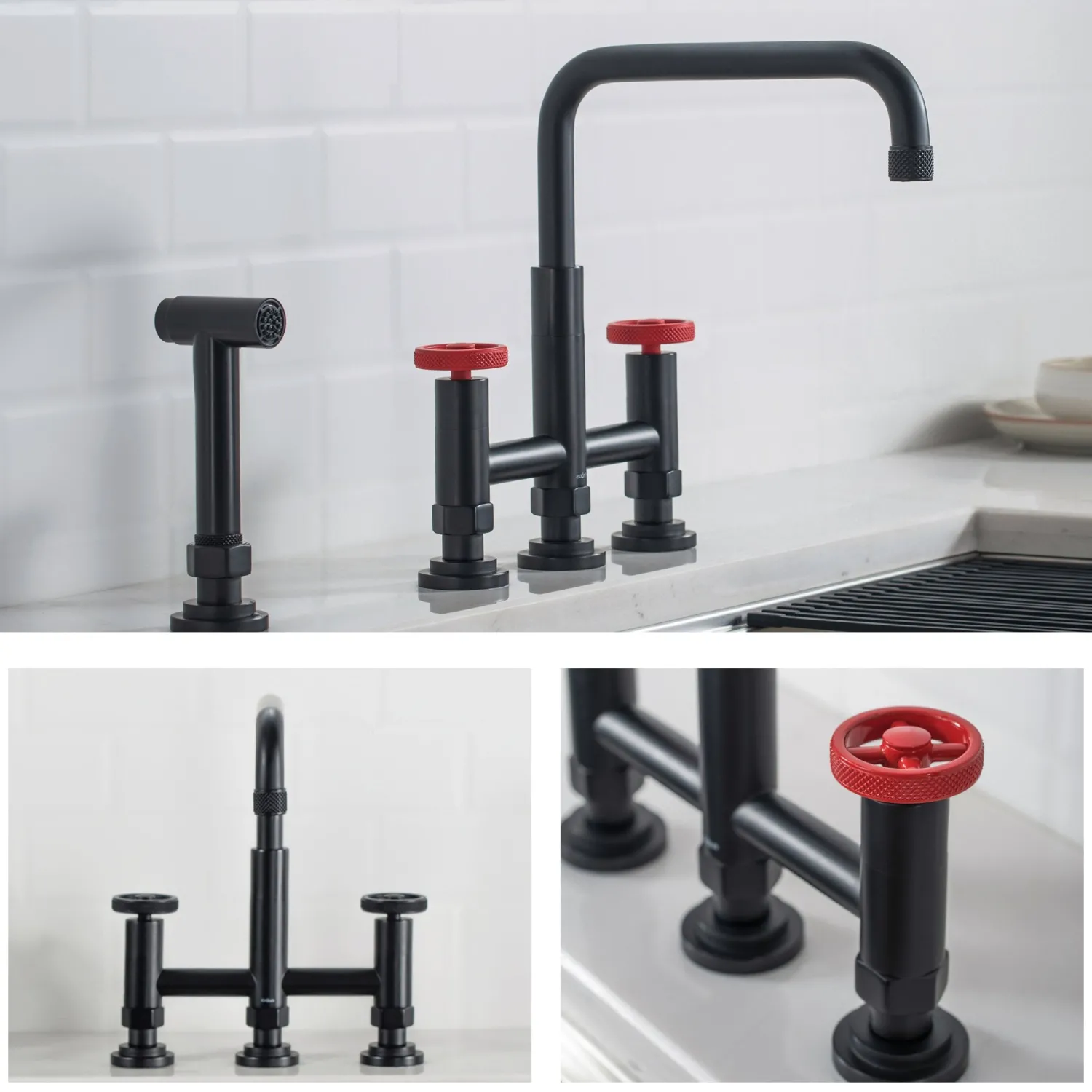 Discount Urbix Bridge Kitchen Faucet with Side Sprayer in Matte Black/Red Bridge Faucets