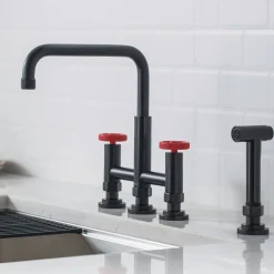 Discount Urbix Bridge Kitchen Faucet with Side Sprayer in Matte Black/Red Bridge Faucets