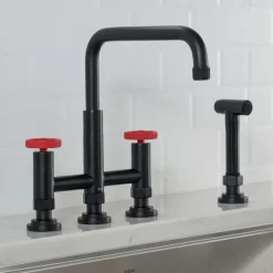 Discount Urbix Bridge Kitchen Faucet with Side Sprayer in Matte Black/Red Bridge Faucets