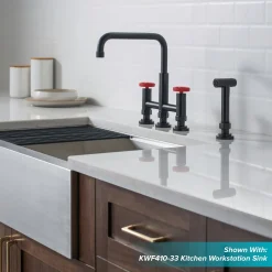 Discount Urbix Bridge Kitchen Faucet with Side Sprayer in Matte Black/Red Bridge Faucets