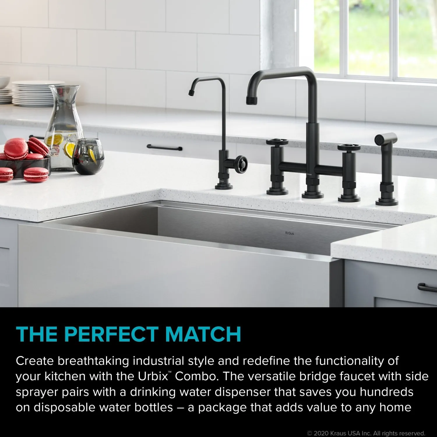 Clearance Urbix Industrial Bridge Kitchen Faucet & Water Filter Faucet in Matte Black Water Filter Faucets|Bridge Faucets