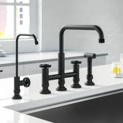 Clearance Urbix Industrial Bridge Kitchen Faucet & Water Filter Faucet in Matte Black Water Filter Faucets|Bridge Faucets