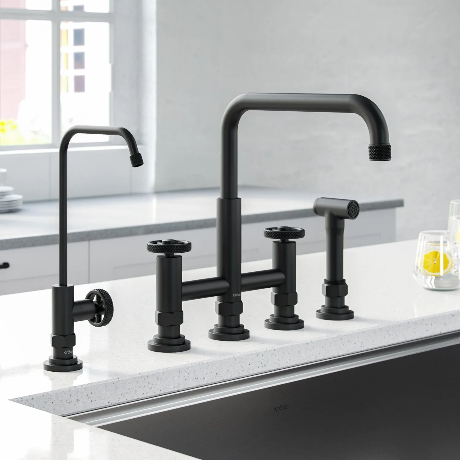 Clearance Urbix Industrial Bridge Kitchen Faucet & Water Filter Faucet in Matte Black Water Filter Faucets|Bridge Faucets