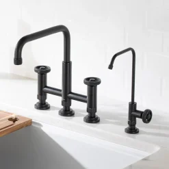 Clearance Urbix Industrial Bridge Kitchen Faucet & Water Filter Faucet in Matte Black Water Filter Faucets|Bridge Faucets