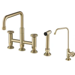 Discount Urbix Industrial Bridge Kitchen Faucet & Water Filter Faucet in Brushed Gold Water Filter Faucets|Bridge Faucets