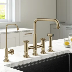 Discount Urbix Industrial Bridge Kitchen Faucet & Water Filter Faucet in Brushed Gold Water Filter Faucets|Bridge Faucets