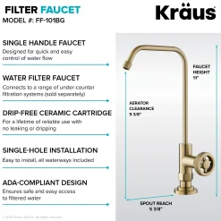 Discount Urbix Industrial Bridge Kitchen Faucet & Water Filter Faucet in Brushed Gold Water Filter Faucets|Bridge Faucets