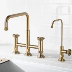 Discount Urbix Industrial Bridge Kitchen Faucet & Water Filter Faucet in Brushed Gold Water Filter Faucets|Bridge Faucets