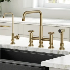 Discount Urbix Industrial Bridge Kitchen Faucet & Water Filter Faucet in Brushed Gold Water Filter Faucets|Bridge Faucets