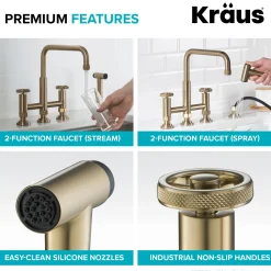 Discount Urbix Industrial Bridge Kitchen Faucet & Water Filter Faucet in Brushed Gold Water Filter Faucets|Bridge Faucets